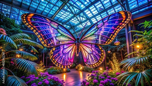 Glowing cybernetic butterfly with wings in neon-lit botanical dome