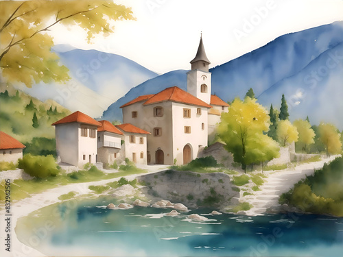 Travnik Bosnia and Herzegovina Country Landscape Watercolor Illustration Art	 photo