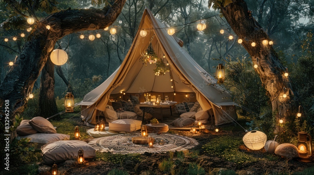 Obraz premium Soft, diffused light streams through the canopy of the magical, fairy-tale-like forest, casting a gentle glow on a luxurious glamping setup.