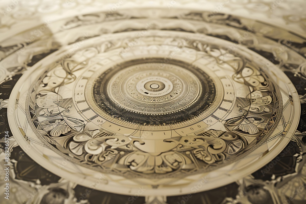 A financial-themed mandala with intricate designs of coins and notes