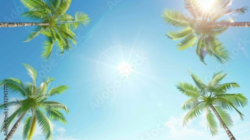 Coconut Palm Trees under Blue Sky with Sunlight Background
