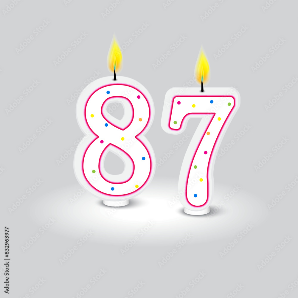 Fototapeta premium Number eighty seven. Birthday candle vector. Colorful polka dots. Grey background illustration.
