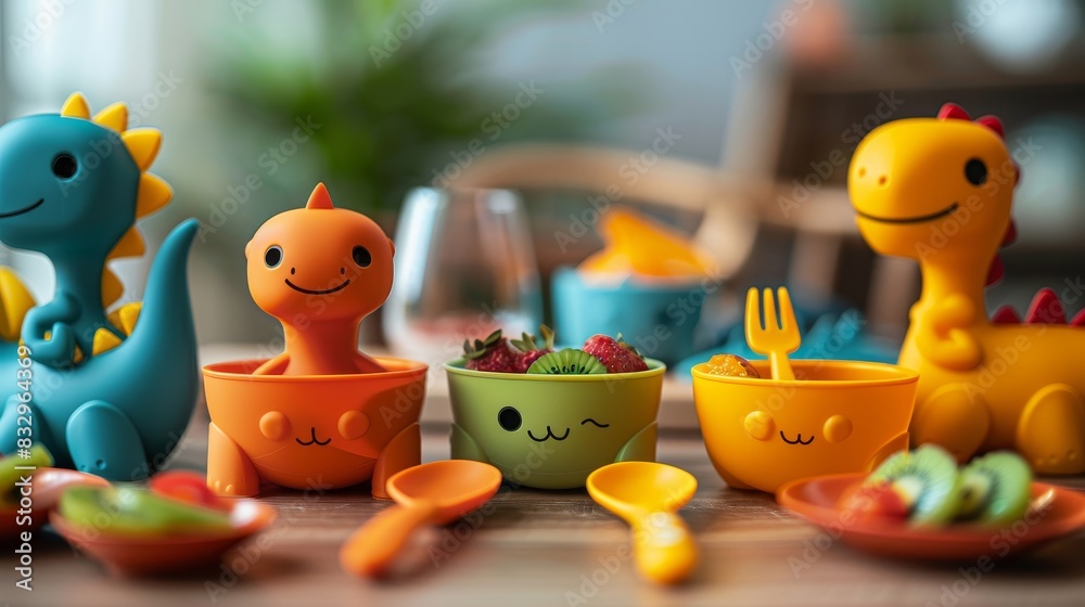 Detailed close-up of toddler dinnerware set in dinosaur shapes, including fork, spoon, and glass, with colorful food, isolated background