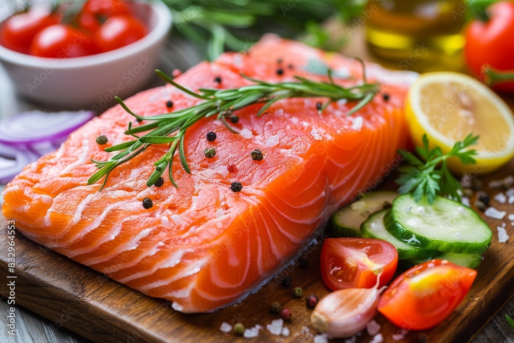 Fresh Raw Salmon on Cutting Board With Vegetables Fresh Raw Salmon on Cutting Board With Vegetables