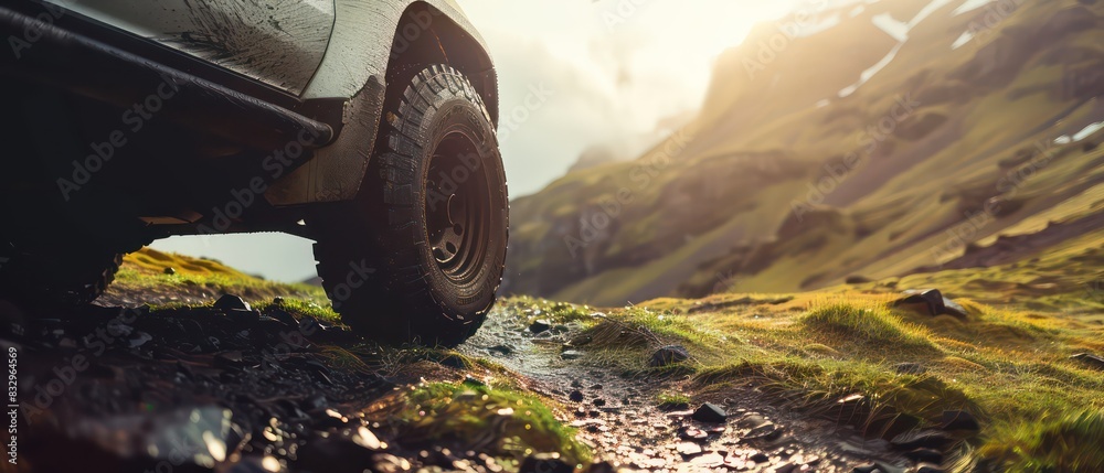 Naklejka premium 4x4 off road vehicle wallpaper on a amazing mountain scenery in low angle, very photographic with a beautiful light