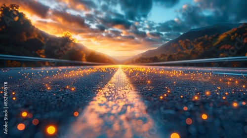 Detailed close-up of a highway's edge, with the road leading into a luminous, otherworldly sky filled with divine light
