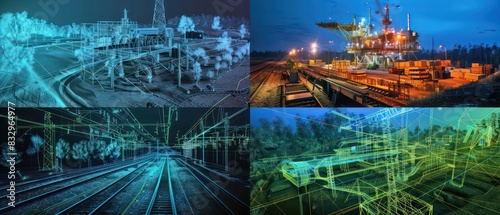 collage wallpaper of lidar point clouds of big industrial facilities on a ground level, amazing perspective and composition