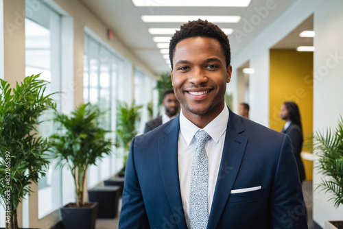 young black businessman standing in hallway of modern office with plants