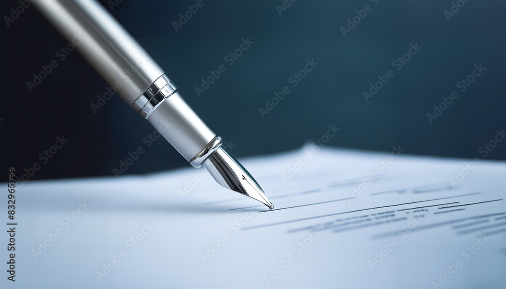 Steel fountain pen, closeup, signing a document or contract on white paper. Shallow depth of field. Steel fountain pen, closeup, signing a document or contract on white paper. Shallow depth of field.