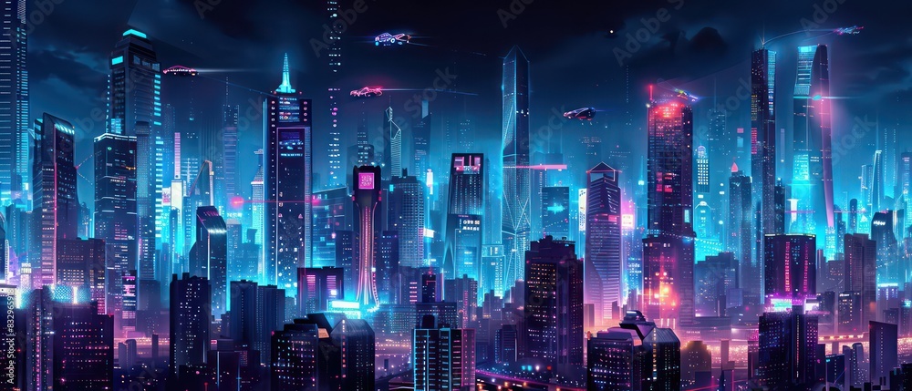modern futuristic cityscape wallpaper design with neon bright colors and dark background