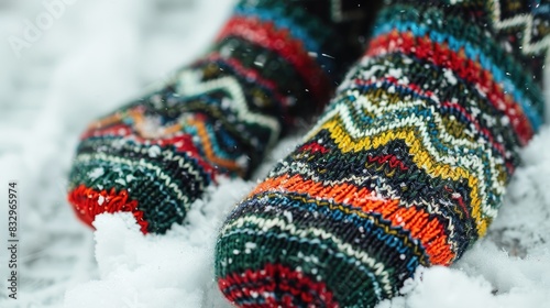 Close up image of multicolored black and olive handmade knitted wool socks on a white snow background