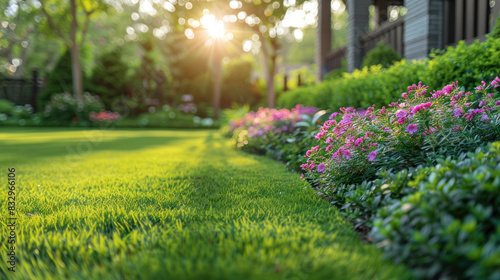 Wallpaper Mural A perfectly manicured lawn and flowerbed, complete with shrubs, bask in the sunshine against the backdrop of a residential backyard Torontodigital.ca
