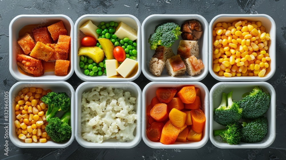 Close-up view of large compartment plates with varied nutritious meals, reusable and unbreakable, isolated background, studio lighting Close-up view of large compartment plates with varied nutritious meals, reusable and unbreakable, isolated background, studio lighting