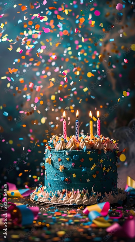 Brightly colored birthday cake with lit candles and confetti in the air ...