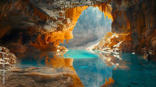 A serene nature cave scene with an underground lake reflecting the cave formations above
