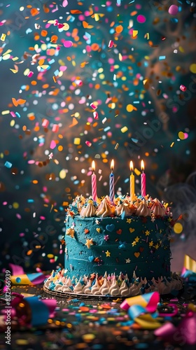 Brightly colored birthday cake with lit candles and confetti in the air. surprise cake decoration