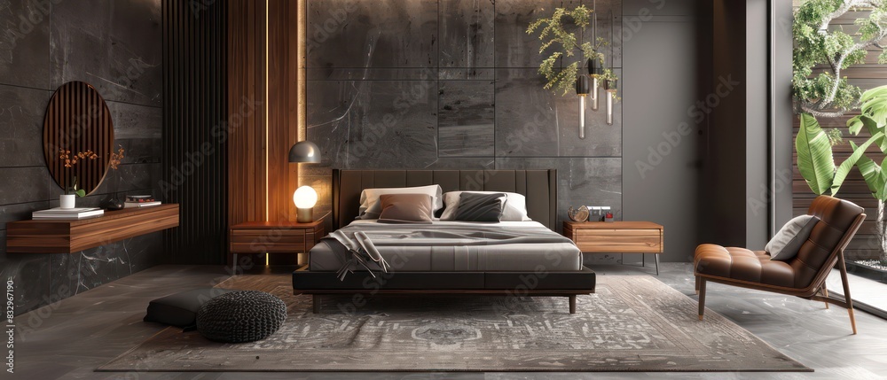 modern and contemporary bedroom with dark wood and grey tones, mid-century inspired modern and contemporary bedroom with dark wood and grey tones, mid-century inspired