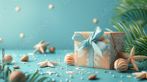 A gift box set against a blue background adorned with summer motifs, embodying a summer vector banner design concept