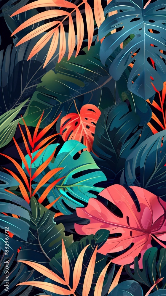 Bright tropical background with jungle plants. Exotic pattern with palm leaves Bright tropical background with jungle plants. Exotic pattern with palm leaves