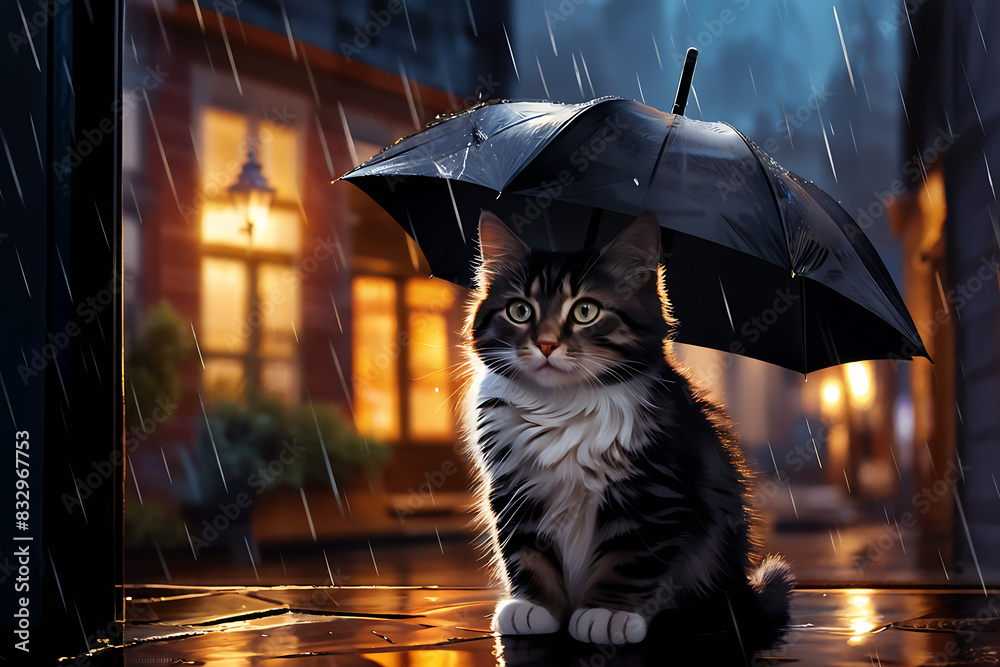 Draw a cat holding an umbrella on a rainy day Generative AI Stock ...