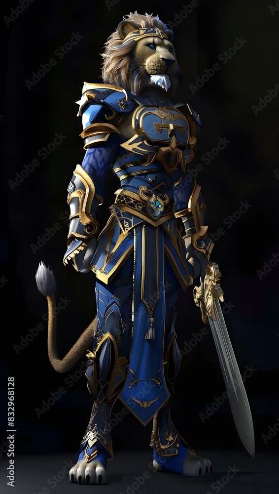 Obraz premium Human lion warrior with blue and gold armor. holding a sword in the upper hand