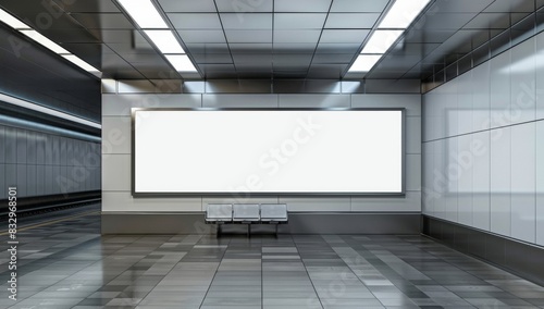 A blank billboard hanging on the wall of an empty subway station featuring gray walls, white lighting, and high resolution. © DWN Media