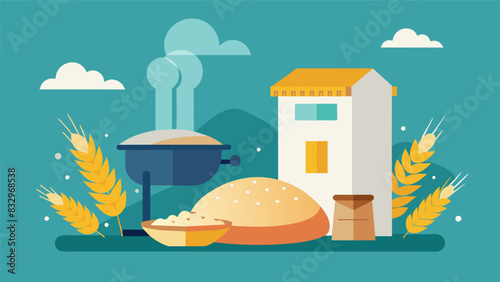 The scent of fresh baked bread wafts through the air as the mills grains are transformed into flour a process that has changed little over time.. Vector illustration