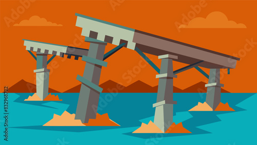 Damaged support structures for bridges and railroads as the solid ground they were constructed upon becomes unstable and sinks.. Vector illustration