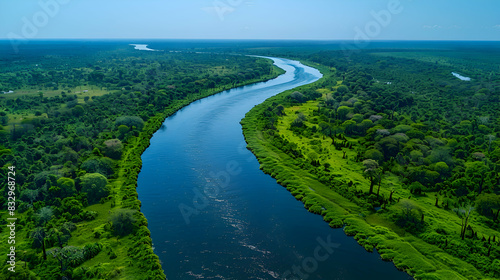 A serene nature delta with winding waterways and lush vegetation, the sky clear and blue above