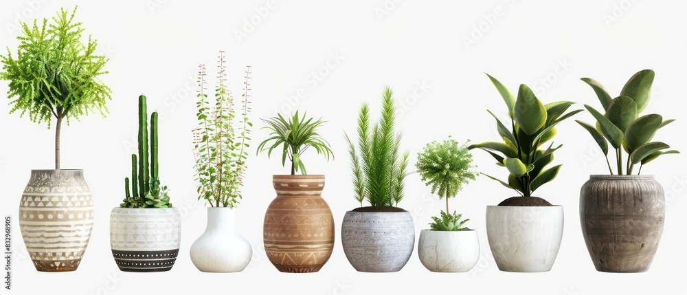 set of different vases with interior plants isolated on white background set of different vases with interior plants isolated on white background