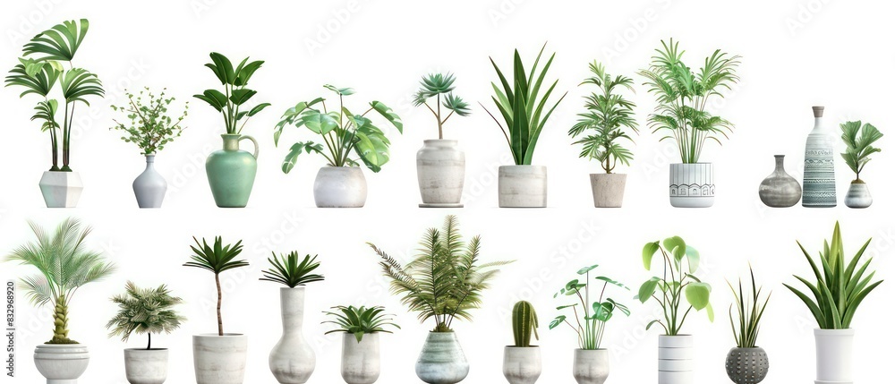 set of different vases with interior plants isolated on white background set of different vases with interior plants isolated on white background
