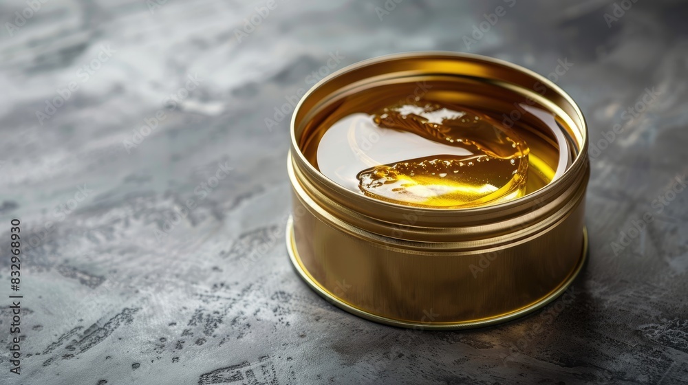 Canned cod liver in an open metal container with oil on a gray surface Canned cod liver in an open metal container with oil on a gray surface