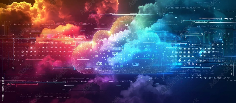 A colorful cloud with data flowing through, symbolizing the integration of technology and innovation on an online platform for business communication A colorful cloud with data flowing through, symbolizing the integration of technology and innovation on an online platform for business communication