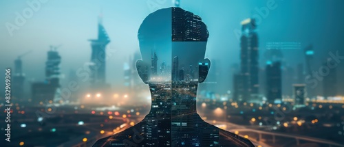 person figure collage with a futuristic cityscape, very modern and contemporary