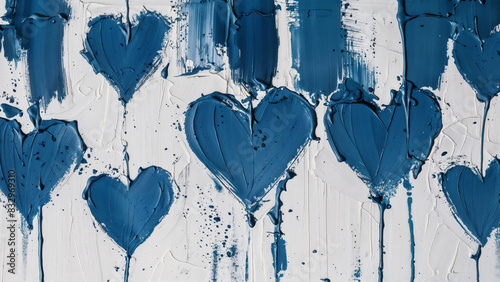 Chaotic pattern of grunge textured blue hearts roughly brush painted on a off-white background. photo