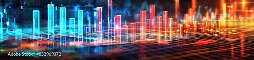 A digital background featuring a futuristic financial graph with holographic bar charts, glowing data points, and abstract patterns of rising or falling lines.