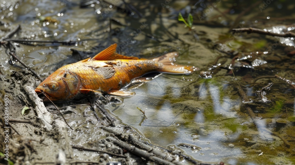 Fototapeta premium Dead fish found in contaminated river water emitting foul odor