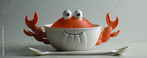 Close-up of crab-shaped dinnerware set for children, including spoon and fork, eco-friendly and microwavable, isolated background, studio lighting photo