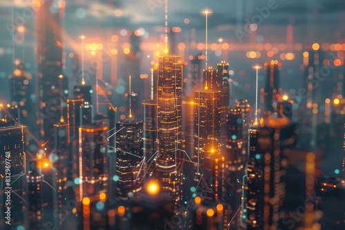 A futuristic cityscape with buildings acting as network nodes  pulsating with light