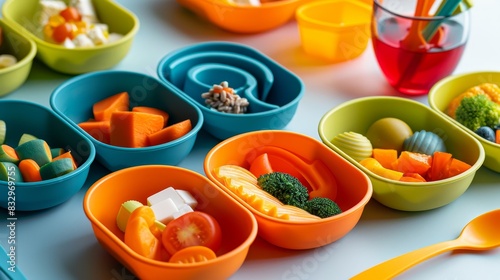 Close-up of colorful toddler meals in eco-friendly, microwavable excavator-shaped plates, with a matching spoon, fork, and glass, isolated background, studio lighting