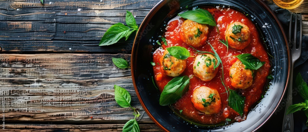 fish meatballs cooked in red sauce on a wooden table, wallpaper closeup on a professional setting and nice depth with a blurred background fish meatballs cooked in red sauce on a wooden table, wallpaper closeup on a professional setting and nice depth with a blurred background