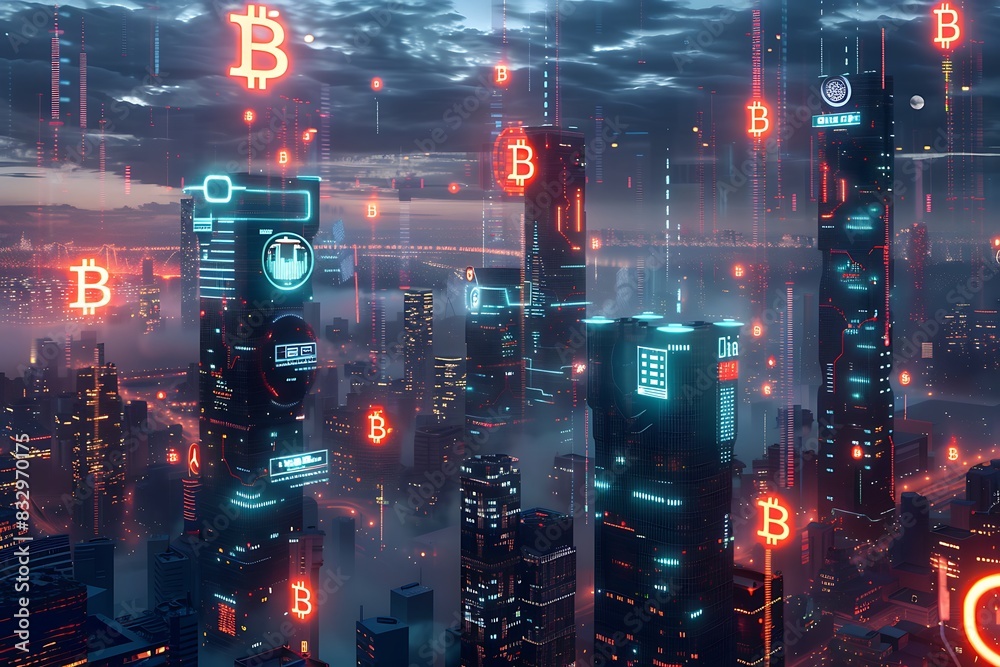 A futuristic cityscape with hovering digital currency symbols