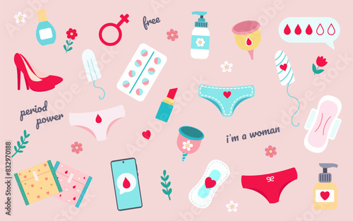 Set of women menstrual cycle vector illustrations.