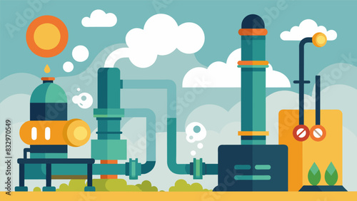 Piping hot steam hisses and escapes from the valves of the chemical boilers fueling the constant energy demands of the plant.. Vector illustration