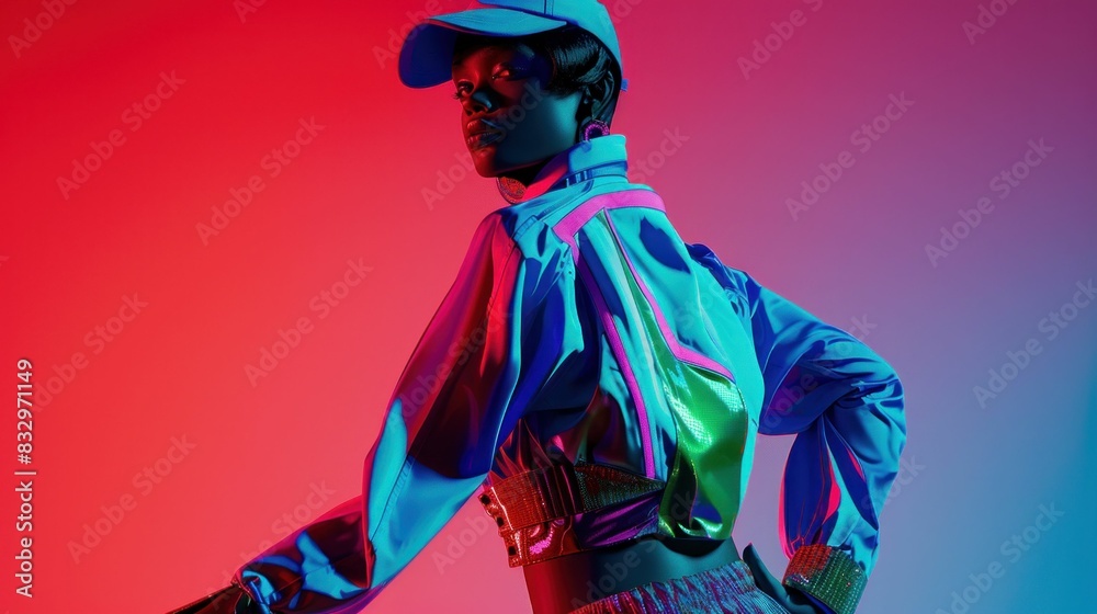 Stylish Woman with Hands on Hips in Colorful Jacket and Hat Against Vibrant Background Stylish Woman with Hands on Hips in Colorful Jacket and Hat Against Vibrant Background