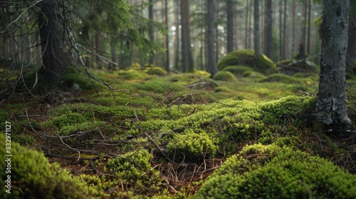 Cultivating moss in a forest adorned with tree needles and sticks