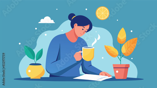 With a mug of hot lemon water by their side the writer finds comfort and solace in the daily ritual of pouring their heart out onto the pages of their. Vector illustration
