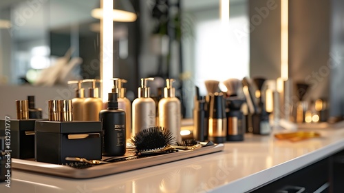 A sleek hair salon station with scissors  combs  and hair products  preparing for a blonde model s new haircut.