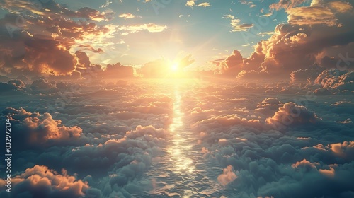Celestial path through shimmering clouds, leading to a radiant horizon, representing the quest for spiritual enlightenment