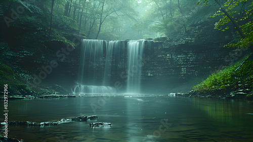 A serene nature gorge scene with a waterfall cascading down the cliffs, the river flowing below